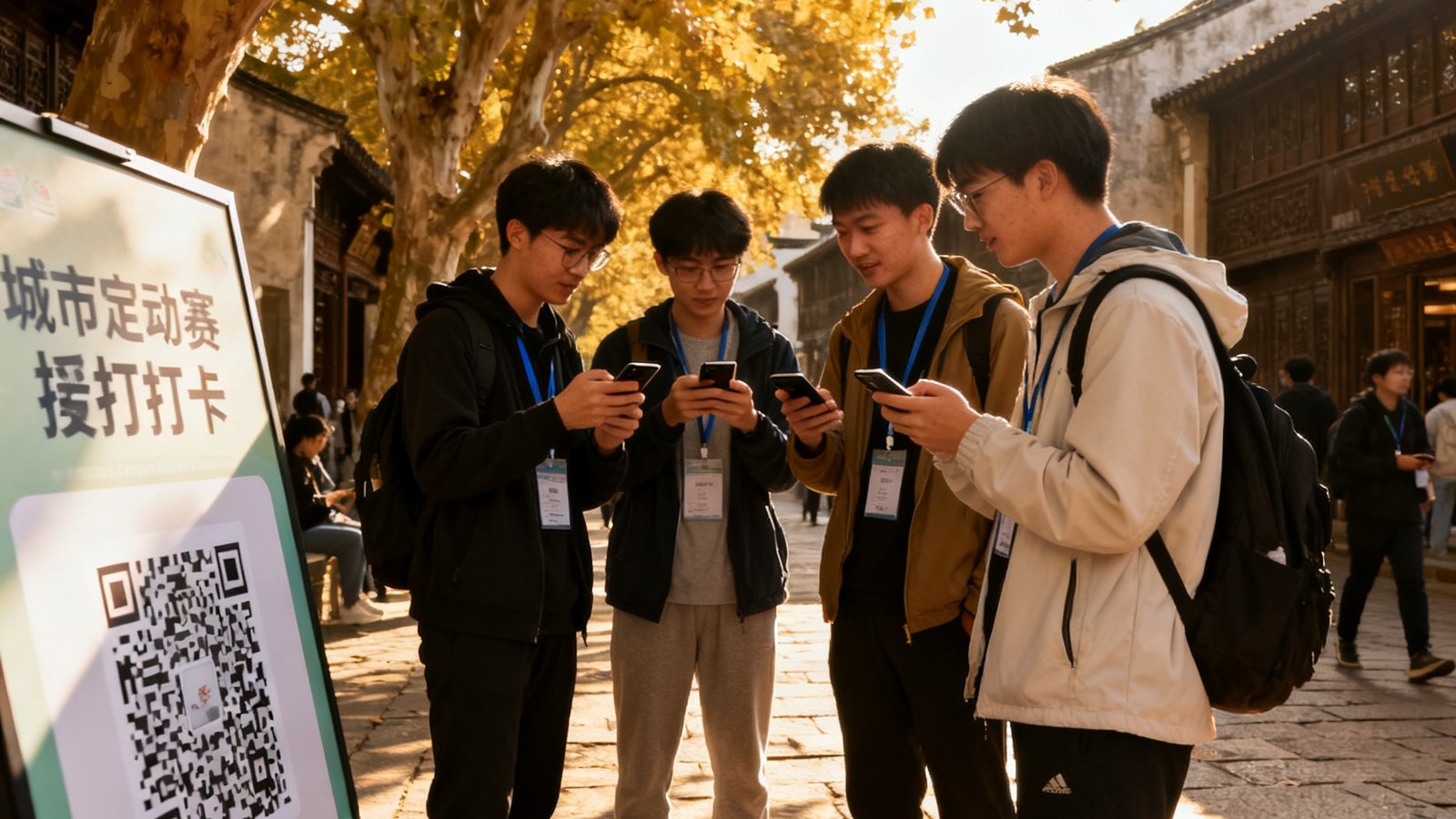 一组城市定向赛参赛者站在古色古香的历史街区打卡点前，手持智能手机扫描二维码完成任务，团队成员正在热烈讨论路线策略，阳光透过梧桐树叶洒在他们身上