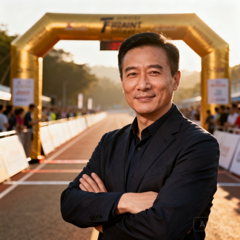 威廉体育创始人陈立峰的职业肖像照，一位四十岁左右的中年男性，穿着深色商务休闲装，双臂交叉站立在赛事起跑拱门前方，背景是模糊的赛道和观众人群，神情自信而沉稳